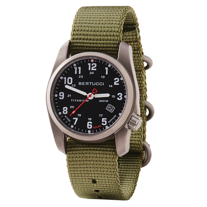Bertucci A-2T Solar Classic Titanium Field Watch with Green Nylon Strap #12801
