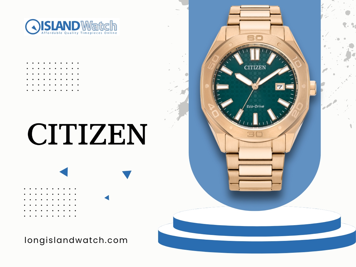 Citizen gold-tone watch with green dial and Eco-Drive technology.